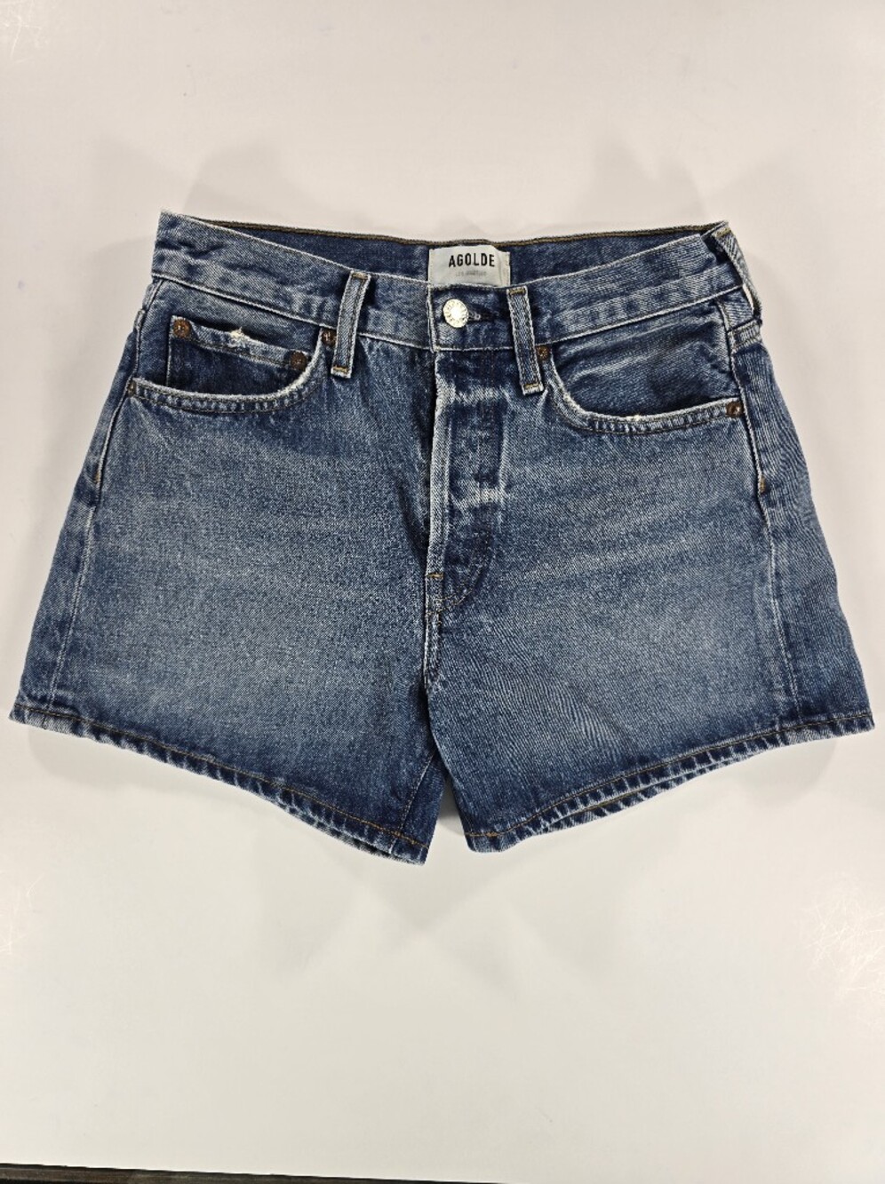 AGOLDE Parker Long Women's High Rise Blue Denim Shorts Cotton Button Fly